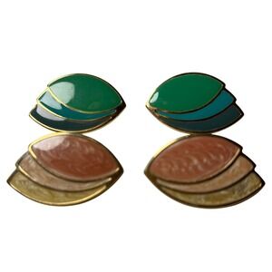 Vintage Enamel Leaf Earrings Green & Terracotta Gold Tone Statement Earrings